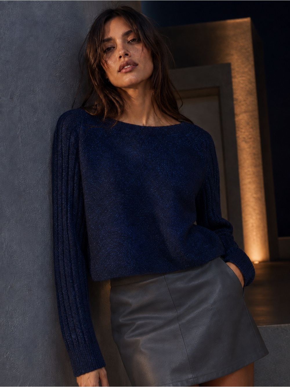 ALLSAINTS NWT Metallic Knit Cropped Sweater in Navy Shimmer, Size L
